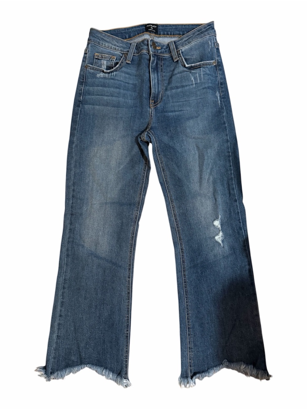 Just Black Mid-Rise Blue Flare Jeans with Frayed Hem